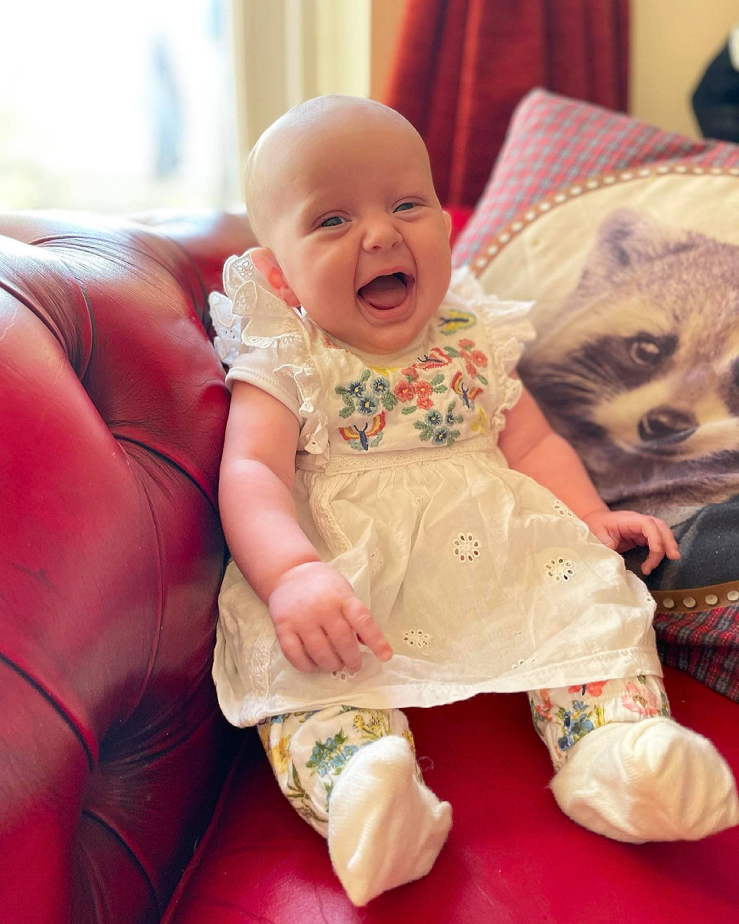 Alaska is registered to the contest to win money with this photo: baby, baby_toddler_clothing, cheek, comfort, companion_dog, couch, dress, eye, flooring, happy, head, headgear, iris, mouth, person, pink, sitting, skin, smile, toddler