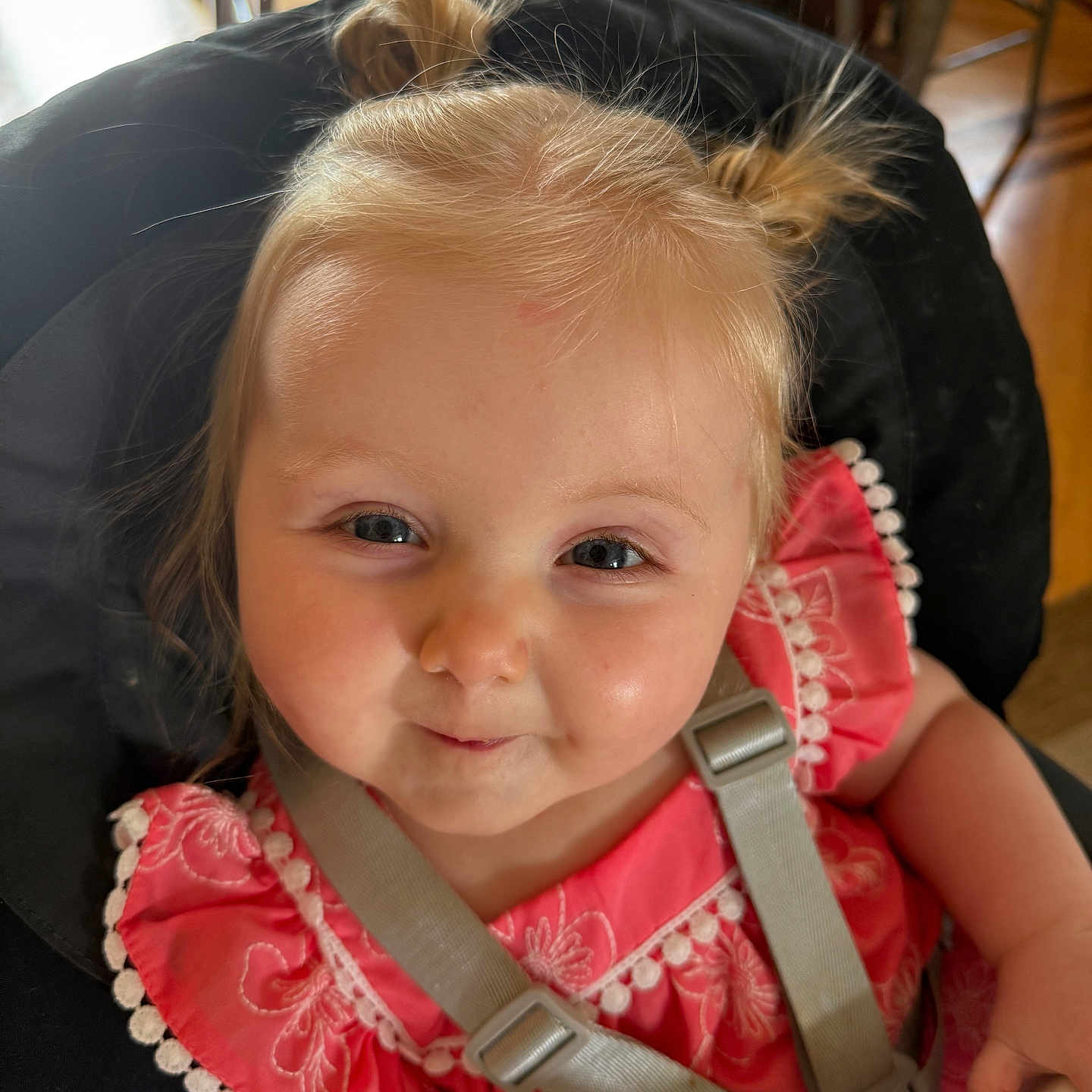 Leila joined the competition — help win amazing prizes! toddler, child, baby, high_chair, pink_dress, pigtails, smile, face, straps, indoors, cute, person, young_child, happy, rosy_cheeks, portrait, hair, eyes, clothing, seat