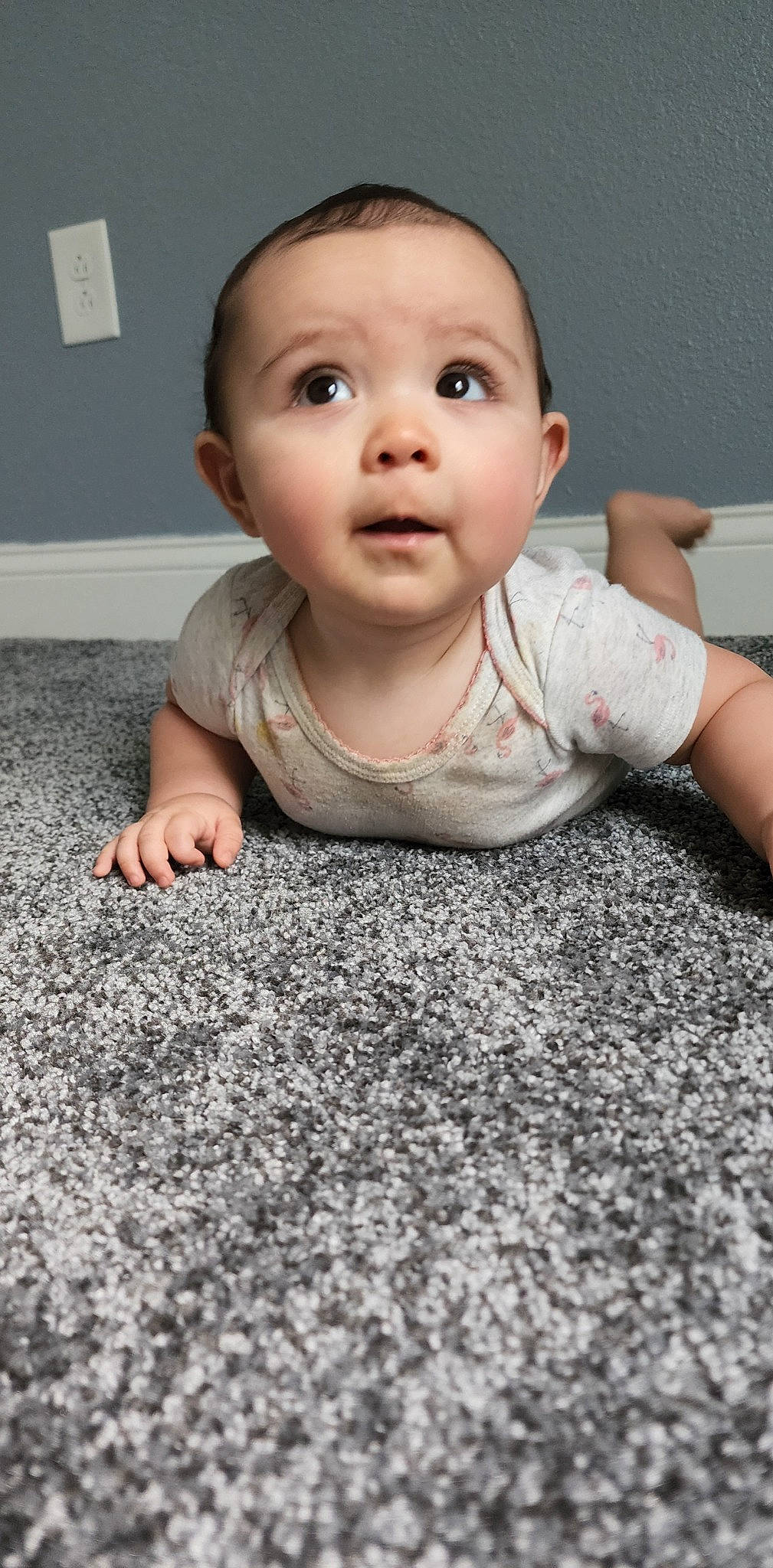 Rosa Josephine is registered to the contest to win money with this photo: baby, baby_toddler_clothing, carpet, cheek, child, comfort, crawling, floor, flooring, gesture, grey, hardwood, iris, nose, person, product, skin, sleeve, smile, toddler