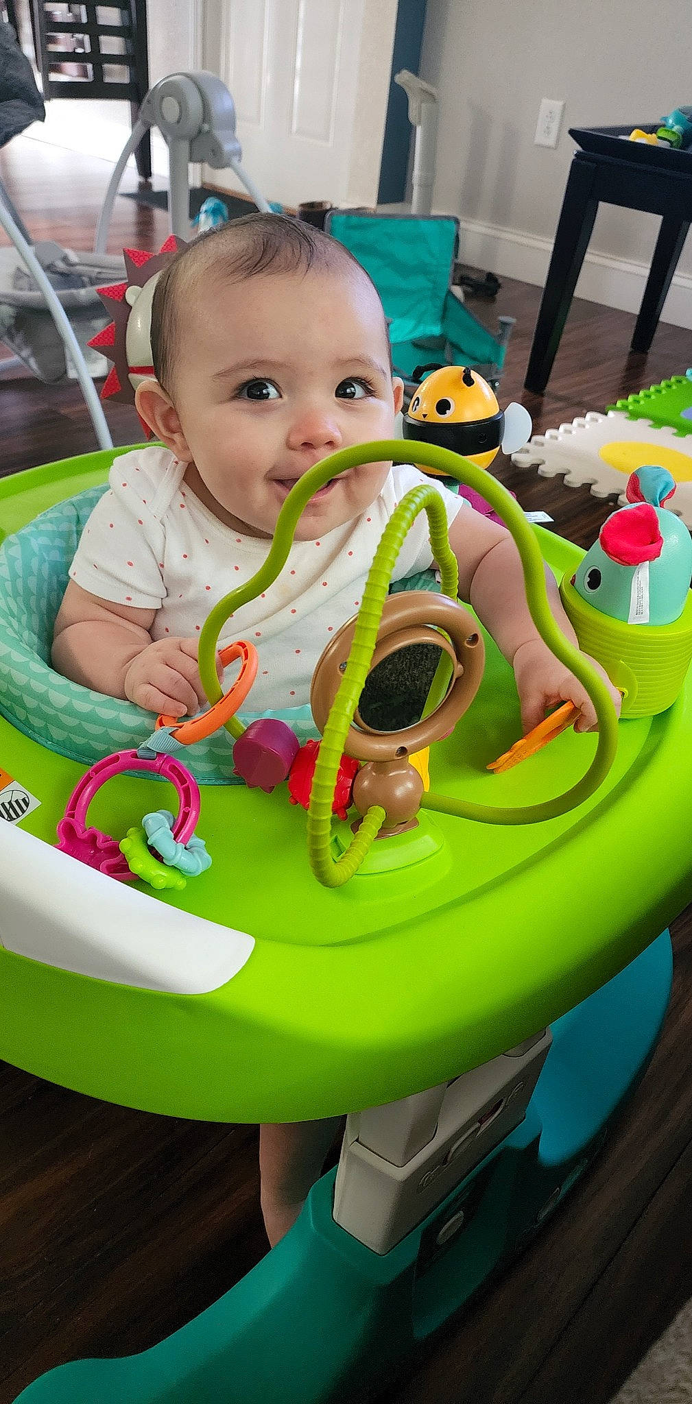 Rosa Josephine joined the competition — help win amazing prizes! baby, baby_playing_with_toys, baby_products, baby_toddler_clothing, baby_toys, cheek, child, event, fun, green, happy, head, leisure, person, recreation, riding_toy, sitting, smile, toddler, toy