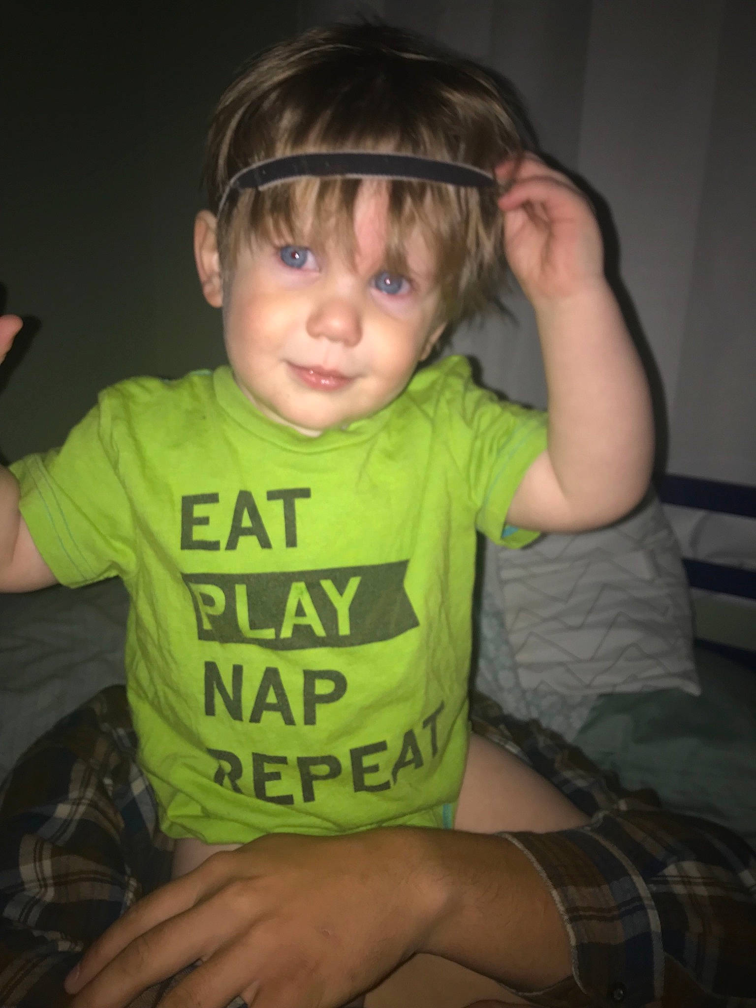 Holden is registered to the contest to win money with this photo: arm, bangs, child, cool, ear, finger, fun, gesture, green, hand, muscle, person, smile, t_shirt, thumb, toddler, top