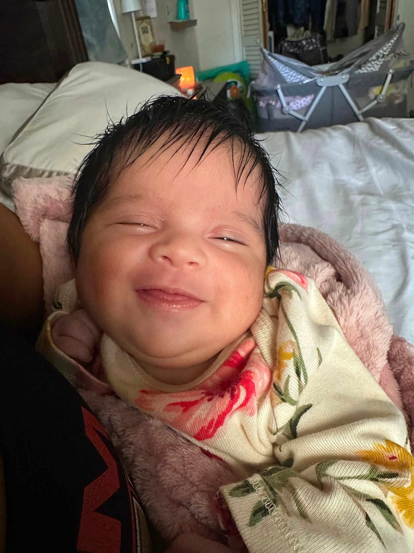 Virginia joined the competition — help win amazing prizes! baby, smiling, face, blanket, bed, indoor, person, clothing, infant, portrait, cozy, soft, happy, sleepy, newborn, toddler, cute, warm, resting, comfort