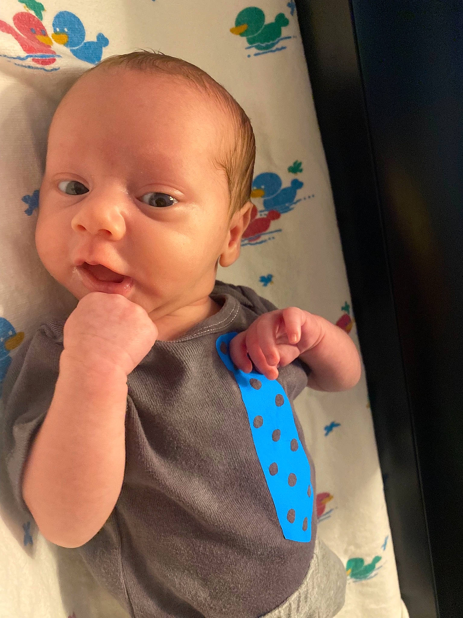 Kaiden is registered to the contest to win money with this photo: arm, azure, baby, baby_safety, baby_toddler_clothing, cheek, ear, eye, finger, gesture, happy, iris, lip, mouth, neck, nose, person, skin, sleeve, thumb