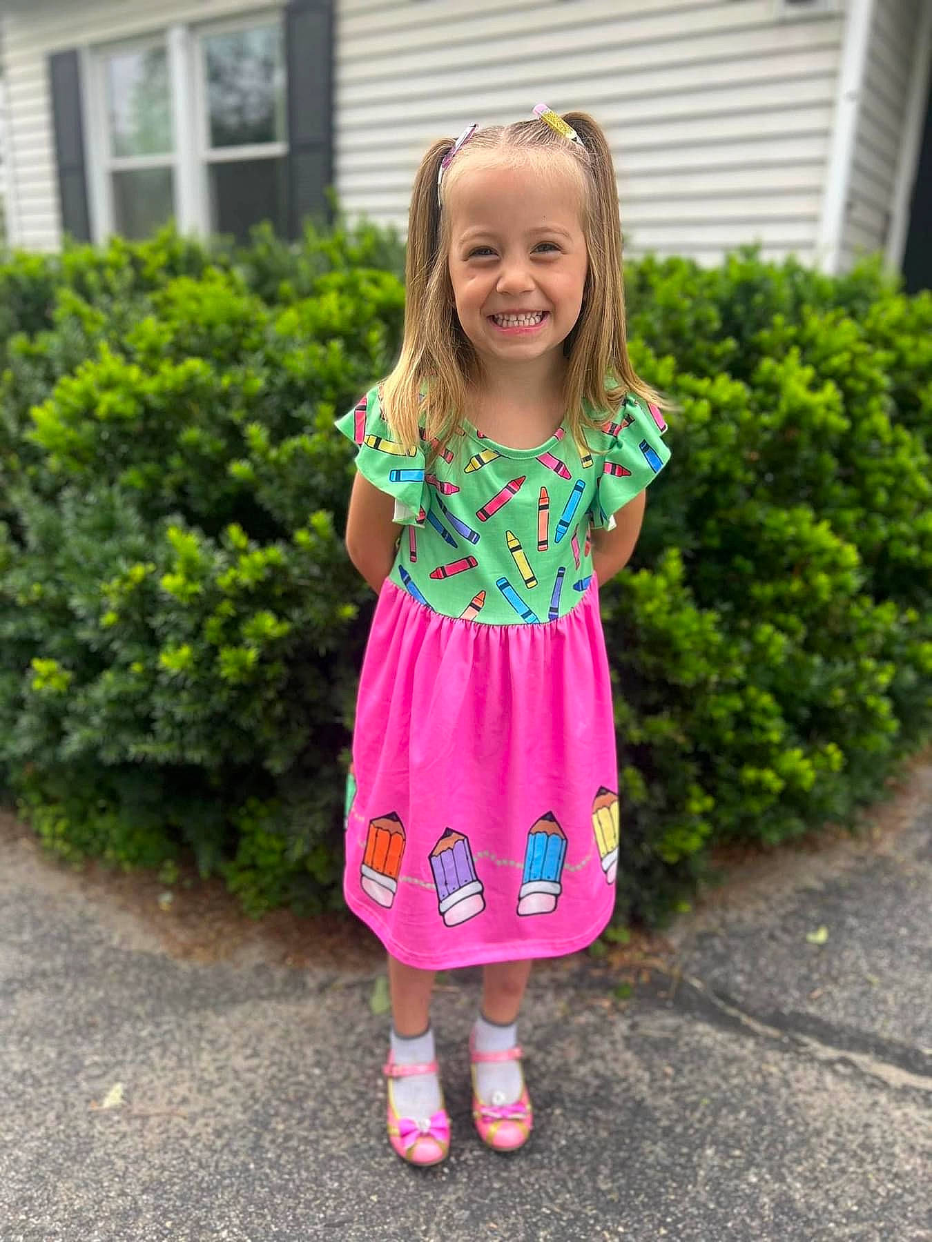 Alexis joined the competition — help win amazing prizes! baby_toddler_clothing, day_dress, dress, electric_blue, face, fun, grass, hair, happy, joy, leg, magenta, outerwear, pattern, person, pink, plant, sleeve, smile, t_shirt
