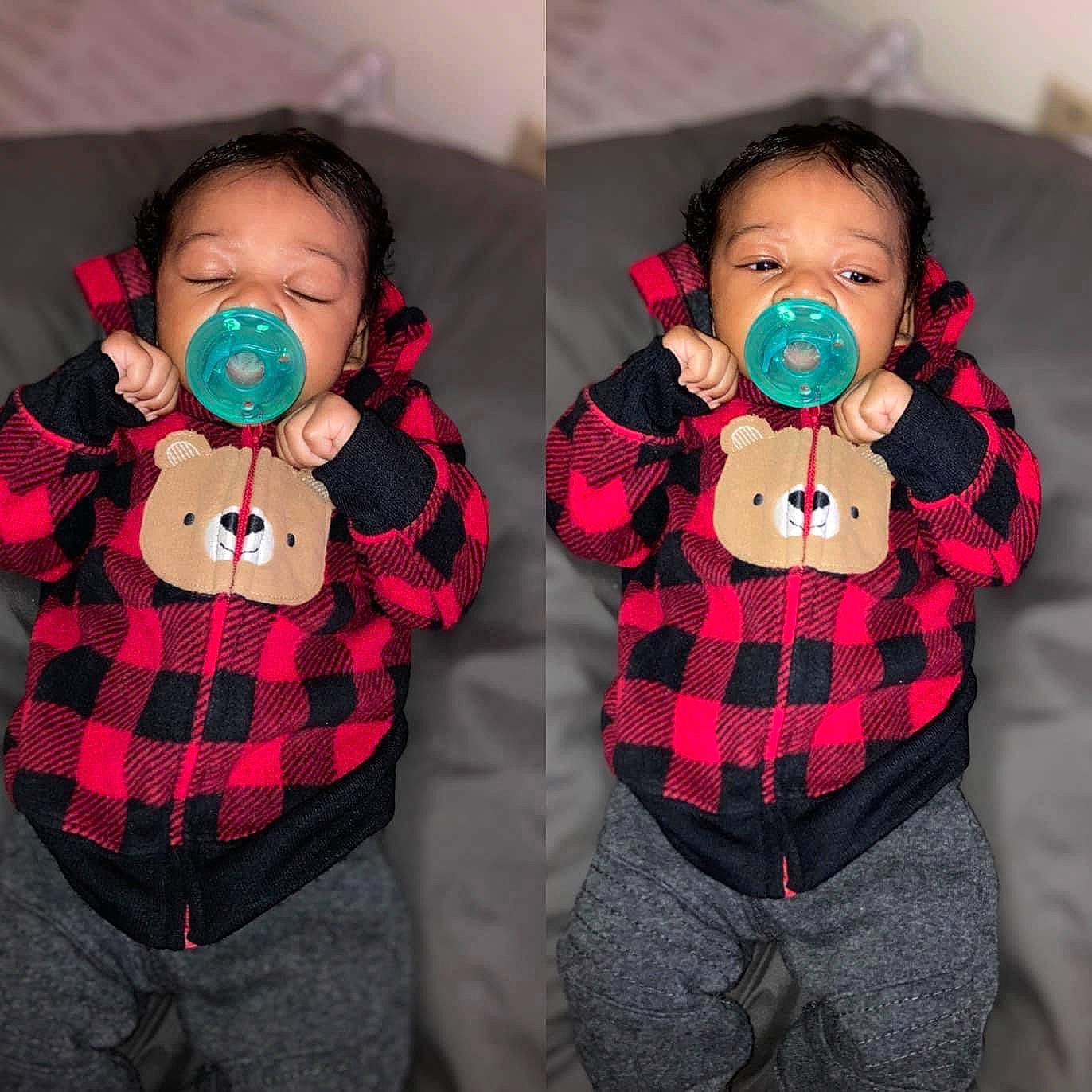 Aries is registered to the contest to win money with this photo: baby, baby_toddler_clothing, cheek, clothing, collar, comfort, eye, face, finger, head, interaction, mammal, mouth, outerwear, person, pink, plaid, skin, sleeve, tartan