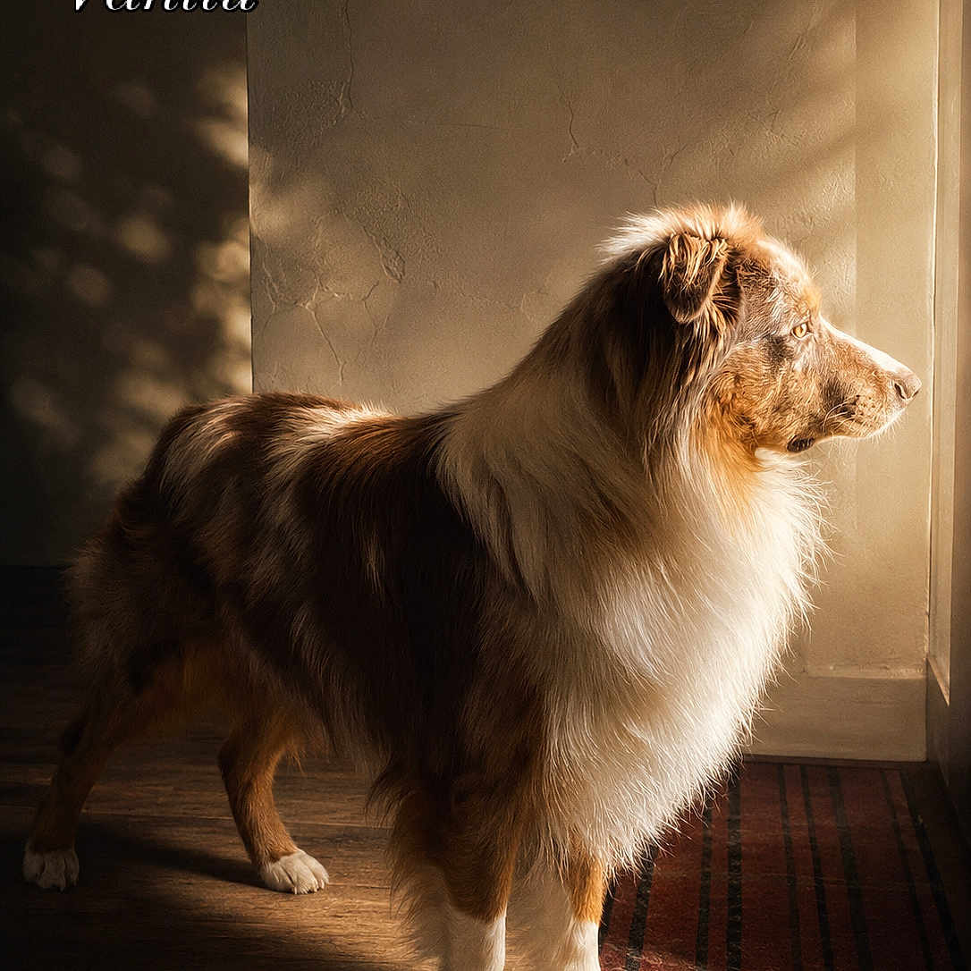 Vahitu participe au concours pour gagner de l'argent avec cette photo : animal, australian_shepherd, brown, calm, dog, fur, home, indoor, long_fur, looking_out, pet, portrait, quiet, shadow, side_view, standing, wall, white, window_light, wooden_floor