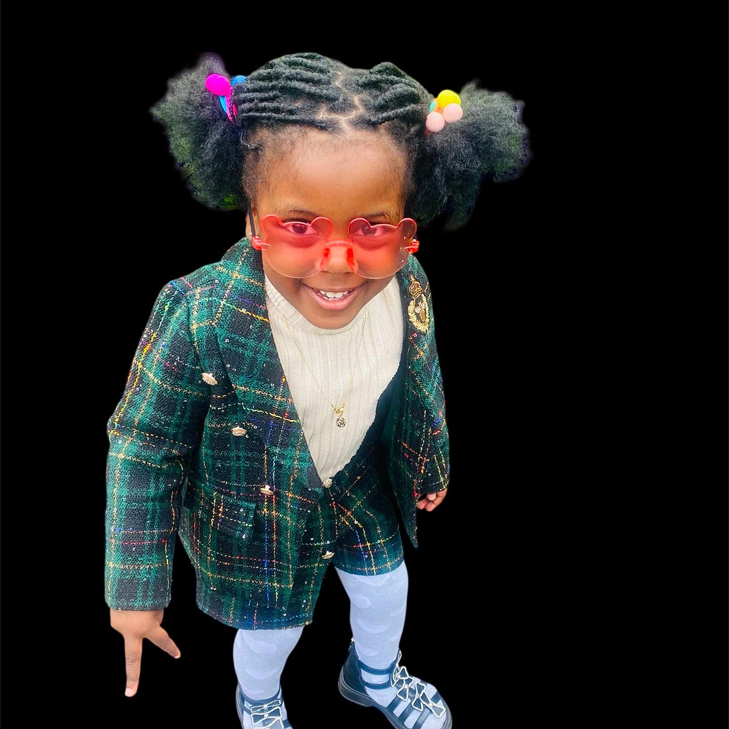 Zoe is registered to the contest to win money with this photo: black_background, child, confident, cute, fashion, girl, glasses, hair_ties, happy, heart_shaped, jewelry, necklace, plaid_blazer, playful, portrait, sandals, smiling, standing, sunglasses, white_tights