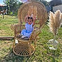 toddler, child, blue_dress, wicker_chair, outdoor, grass, sunny, vase, pampas_grass, wooden_cutouts, animal_cutouts, happy, smiling, hands_up, garden, decor, daylight, person, playing, nature