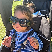 Marcello joined the competition — help win amazing prizes! toddler, child, sunglasses, stroller, outdoor, sunny, grass, park, reflection, baby, seatbelt, blue_striped_shirt, curly_hair, smile, person, daylight, people, background, casual, relaxing