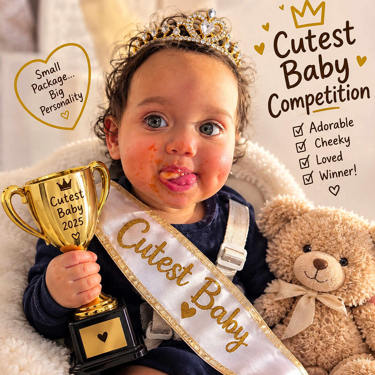 Leearnah joined the competition — help win amazing prizes! baby, child, toddler, portrait, smiling, tiara, crown, trophy, contest, sash, teddy_bear, stuffed_animal, indoor, seated, cute, cheeks, dessert, food, celebration, text_overlay