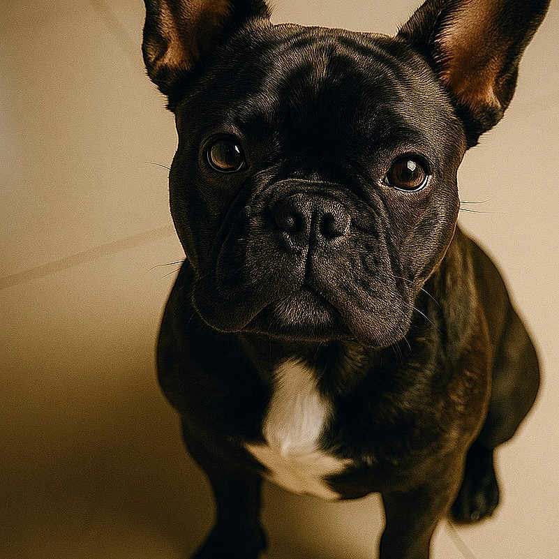 Biskote participe au concours pour gagner de l'argent avec cette photo : animal, black_dog, canine, close_up, companion, cute, dog, domestic_animal, ears, floor, french_bulldog, fur, indoor, looking_up, pet, portrait, sitting, tile_floor, whiskers, white_patch
