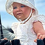 toddler, child, face, blue_eyes, white_hat, white_dress, sun_hat, outdoor, summer, portrait, curious, cute, baby, skin, hand, clothing, sunlight, daylight, person, close_up