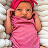 Aria joined the competition — help win amazing prizes! newborn, baby, infant, child, portrait, lying_down, face, eyes, hands, pink_headband, bow, striped_clothing, red, white, blanket, soft_texture, indoor, close_up, fashion, adorable