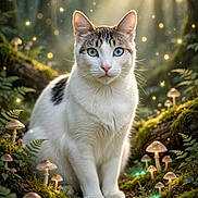 Romeo participe au concours pour gagner de l'argent avec cette photo : animal, blue_eyes, cat, closeup, fauna, flora, forest, glowing, magic, moss, mushrooms, nature, outdoor, serene, sitting, sunlight, tabby, whiskers, white_fur, wildlife