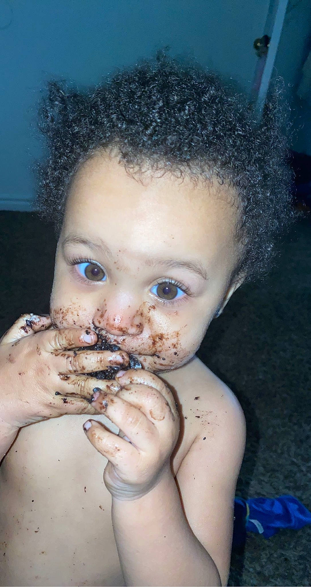 Paislee is registered to the contest to win money with this photo: afro, blue, cheek, eyebrow, eyelash, finger, flash_photography, gesture, hand, happy, jaw, jheri_curl, lip, nail, neck, nose, person, skin, thumb, toddler