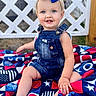Amirah is registered to the contest to win money with this photo: toddler, child, blue_bow, denim_overalls, smile, outdoor, blanket, grass, fence, happy, baby, cute, portrait, sitting, clothing, face, skin, person, colorful, summer