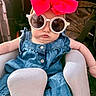 Amirah joined the competition — help win amazing prizes! baby, child, sunglasses, pink_bow, denim_outfit, baby_seat, cute, chubby_cheeks, indoor, portrait, fashion, accessory, serious_expression, infant, person, seat, clothing, headwear, eyewear, funny