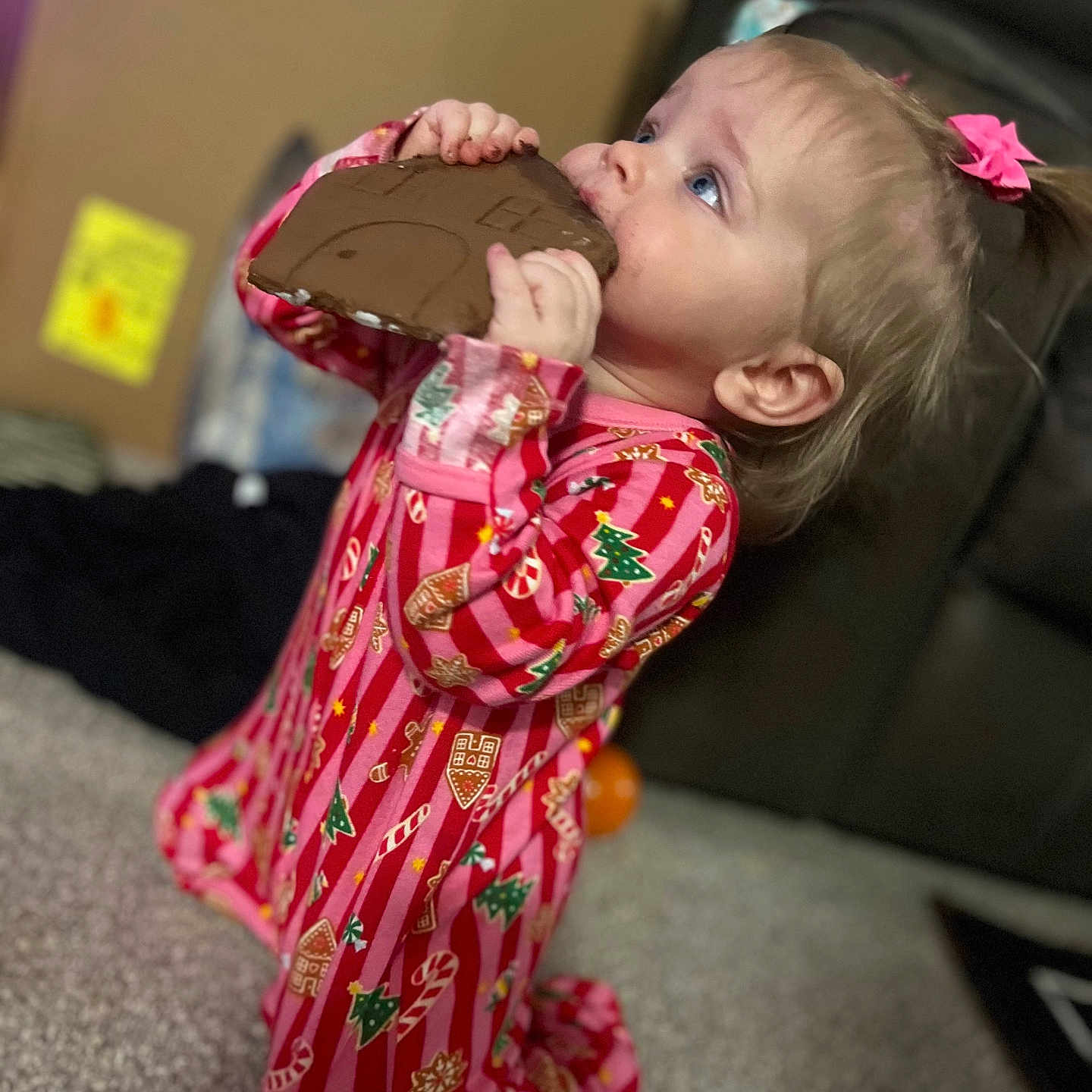 Aria is registered to the contest to win money with this photo: background_blur, blue_eyes, carpet, child, christmas, cookie, cute, face, gingerbread, hair, happy, holiday, holiday_pajamas, indoors, kneeling, pajamas, pink_bow, playful, snack, toddler