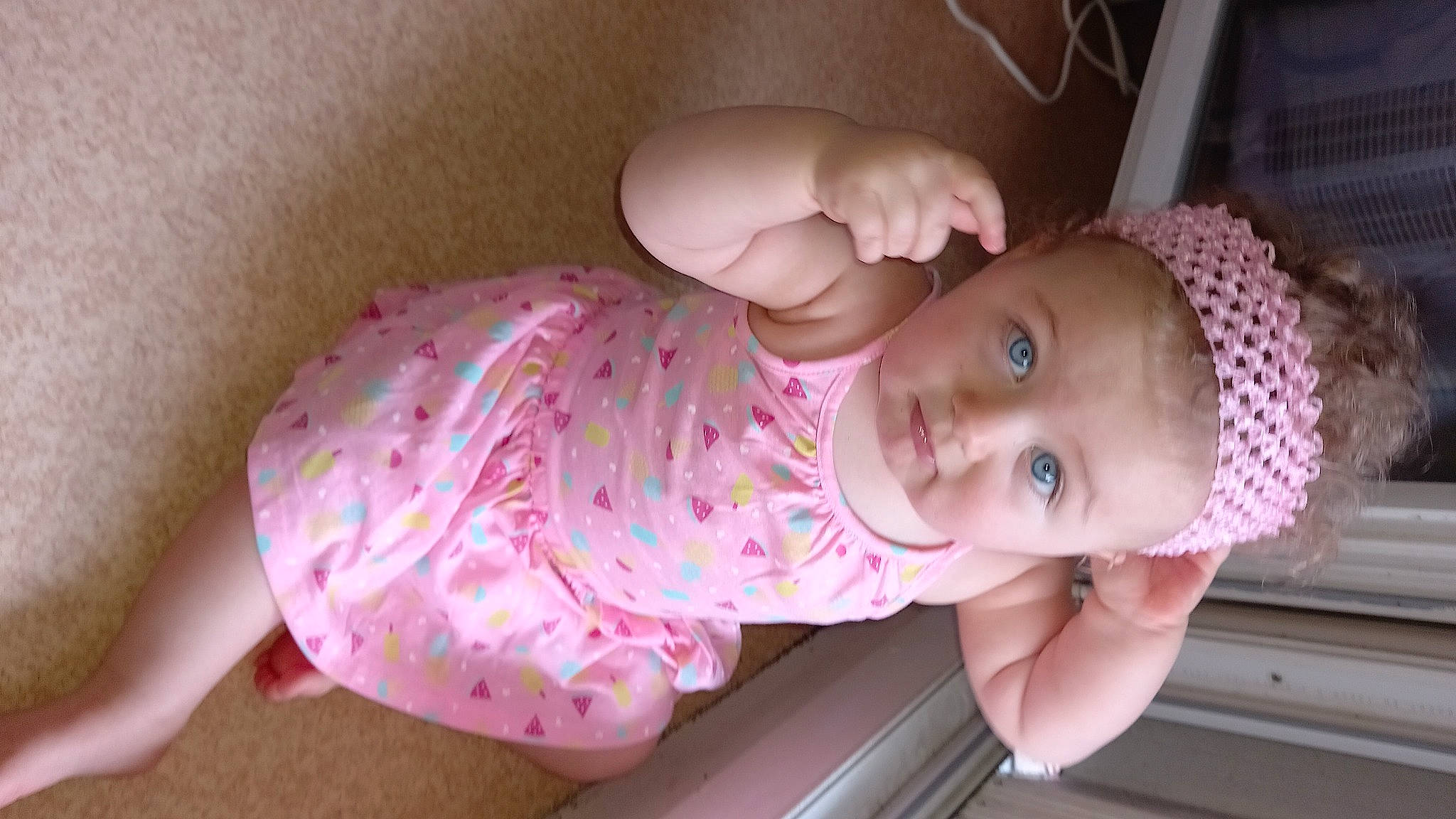 Théa participe au concours pour gagner de l'argent avec cette photo : baby, baby_products, baby_safety, baby_toddler_clothing, cheek, child, comfort, dress, eyebrow, finger, iris, linens, lip, mouth, nail, nose, person, pink, skin, thumb