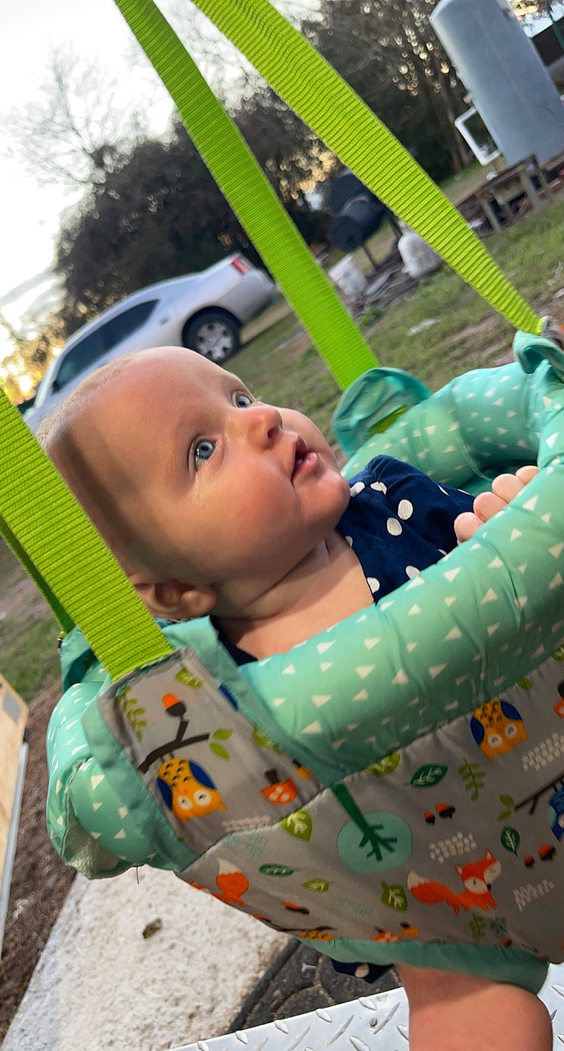 Mary Lee joined the competition — help win amazing prizes! baby, baby_products, baby_toddler_clothing, car, child, comfort, facial_expression, fun, grass, leisure, linens, pattern, people_in_nature, person, plant, recreation, tire, toddler, tree, vehicle