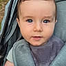baby, child, stroller, portrait, blue_eyes, face, infant, clothing, drool, close_up, curious, soft_texture, outdoor, seat_belt, fabric, head, person, young, cute, smile
