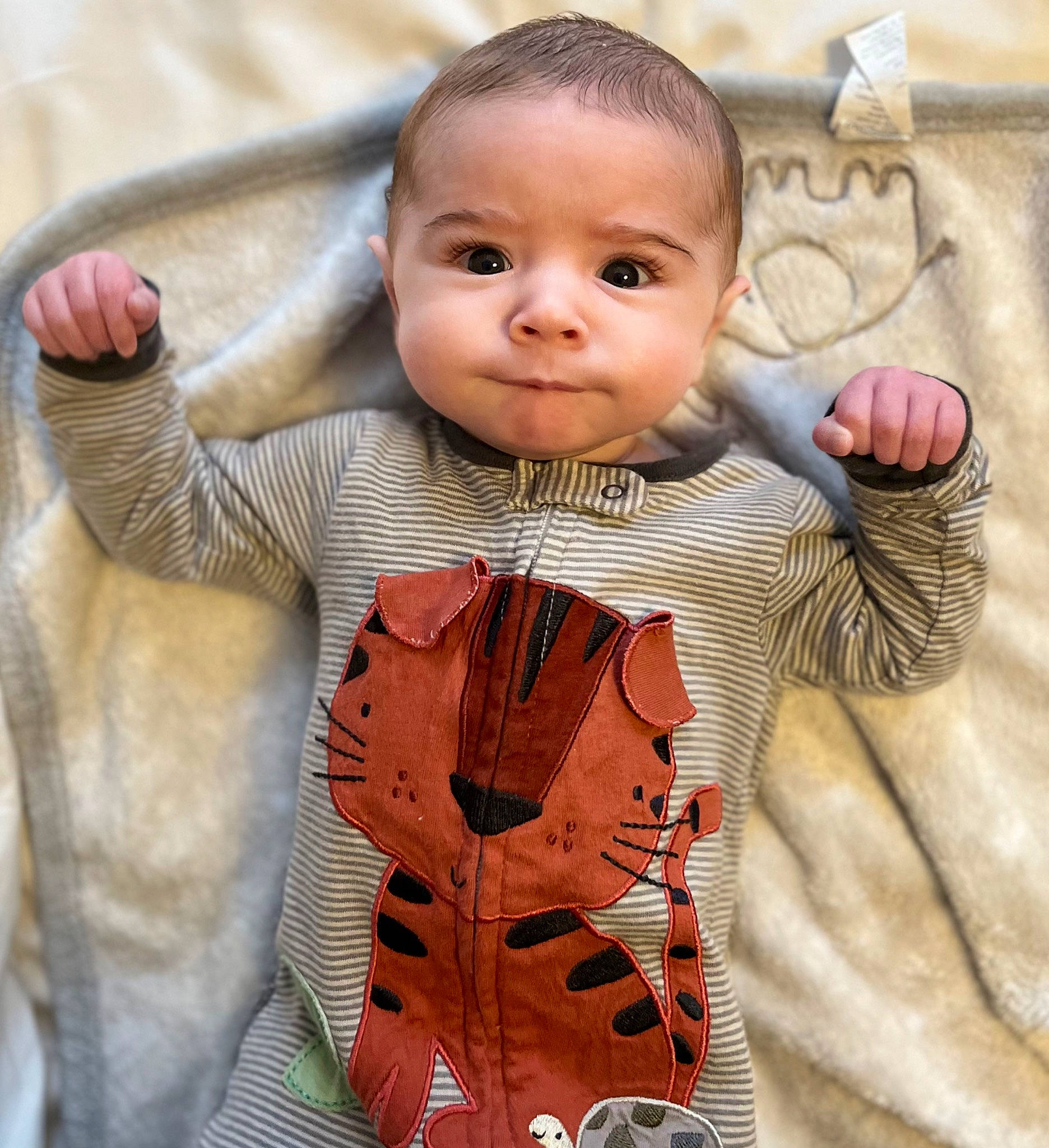 Declan is registered to the contest to win money with this photo: baby, baby_toddler_clothing, cheek, chin, eye, eyelash, face, finger, gesture, happy, head, iris, lip, nose, outerwear, person, skin, sleeve, textile, toddler