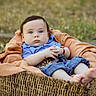 Yovani is registered to the contest to win money with this photo: baby, infant, blue_eyes, basket, blanket, outdoor, grass, curious, hands, feet, clothing, jeans, shirt, red_bracelet, portrait, cute, soft_light, natural, relaxed, child