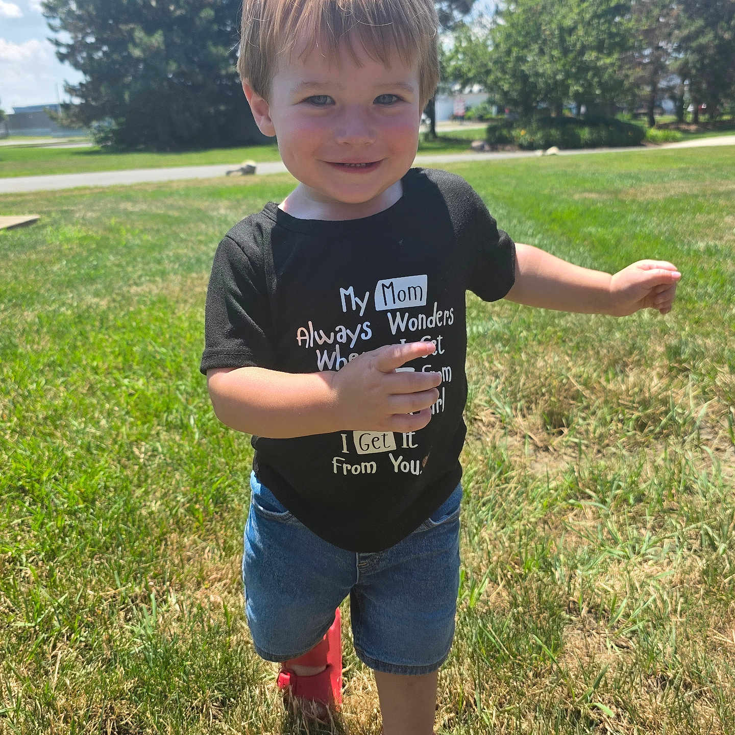 Rexton is registered to the contest to win money with this photo: blue_sky, casual_clothing, child, cute, daylight, grass, happy, nature, outdoor, park, person, red_sandals, shorts, smiling, summer, sunlight, toddler, trees, tshirt, walking