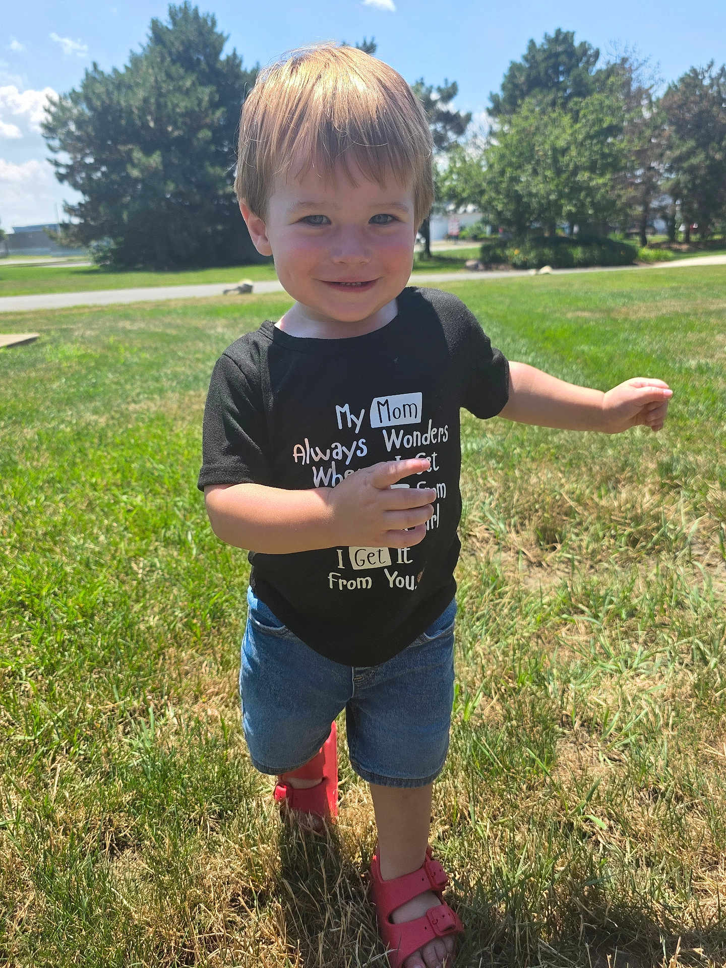 Rexton is registered to the contest to win money with this photo: child, toddler, smiling, outdoor, grass, trees, sunlight, blue_sky, shorts, tshirt, red_sandals, walking, happy, nature, park, person, summer, casual_clothing, daylight, cute