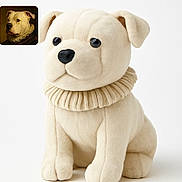 Poot Poot Breeden joined the competition — help win amazing prizes! plush, dog_toy, stuffed_animal, cream_color, ruffled_collar, portrait, small_inset, real_dog, costume, soft_texture, studio_lighting, white_background, cute, animal_replica, decorative, closeup, sitting, toy, nostalgic, humorous