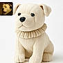 plush, dog_toy, stuffed_animal, cream_color, ruffled_collar, portrait, small_inset, real_dog, costume, soft_texture, studio_lighting, white_background, cute, animal_replica, decorative, closeup, sitting, toy, nostalgic, humorous