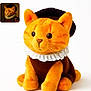 plush_toy, cat, stuffed_animal, orange, costume, renaissance, ruffled_collar, hat, portrait, white_background, cute, decorative, fabric, soft_toy, animal_figure, toy, orange_cat, small_inset, comparison, regal