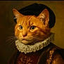 cat, orange_tabby, portrait, renaissance_clothing, beret, ruffled_collar, costume, historical_style, feline, whiskers, closeup, indoor, serious_expression, fur, animal, headwear, classic, vintage_style, artistic, studio_lighting