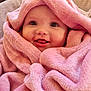 baby, blanket, pink, cozy, smile, face, child, wrapped, soft, cute, infant, expression, warm, indoors, portrait, happy, adorable, cuddly, plush, toddler