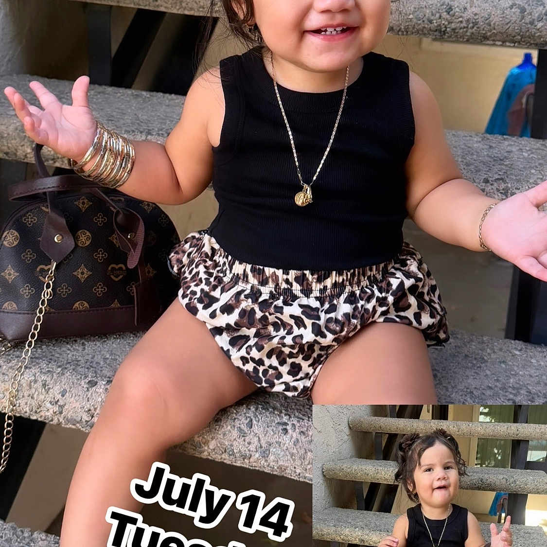 Emerie S Nunez joined the competition — help win amazing prizes! black_top, bracelets, child, cute, daytime, fashion, handbag, happy, leopard_print, necklace, outdoor, person, pigtails, portrait, sandals, shorts, sitting, smiling, stairs, toddler