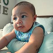 Kyson is registered to the contest to win money with this photo: arm, baby, bedroom, blue_clothing, child, closeup, curious, cushion, decor, expression, face, indoors, infant, letters, love, person, portrait, skin, soft_light, young