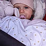 baby, pacifier, hat, blanket, stroller, child, face, blue_eyes, clothing, cute, cozy, soft_toys, indoor, portrait, warm, pink, red, white, polka_dot, infant