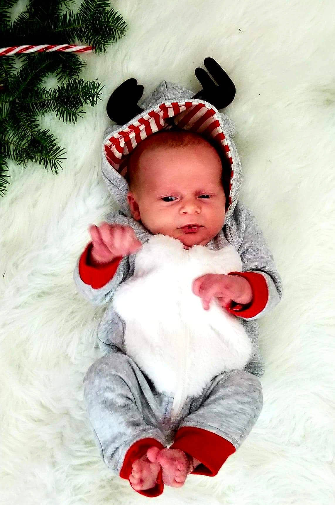 Bradley is registered to the contest to win money with this photo: child, christmas, christmas_ornament, hair_accessory, headgear, holiday, infant, person, product, red, skin, toddler