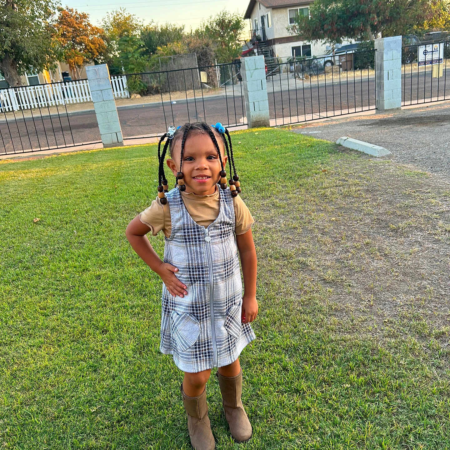 Kira joined the competition — help win amazing prizes! backyard, car, child, clothing, face, female, footwear, girl, grass, hair, head, nature, outdoors, person, picketfence, plant, shoe, transportation, vehicle, yard