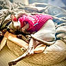 cat, hairless_cat, sphynx_cat, pet, animal, pink_sweater, clothing, blanket, bed, cushion, sleeping, lounging, cozy, indoors, home, soft_furnishings, closeup, warm_lighting, relaxed, funny_pose