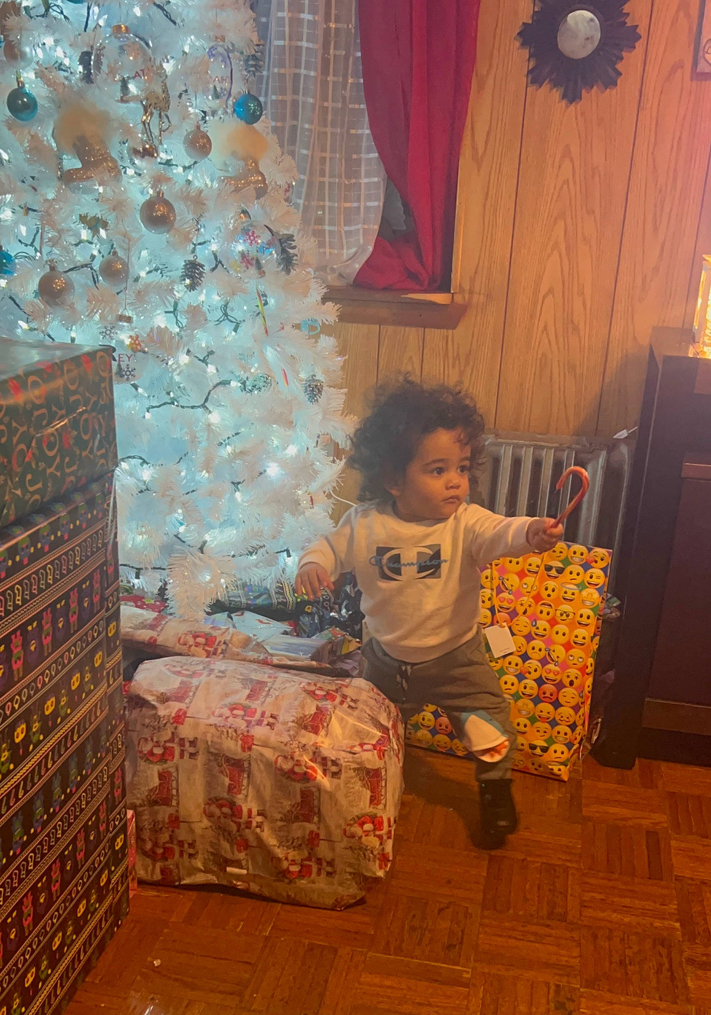 Mario is registered to the contest to win money with this photo: art, child, christmas, christmas_decoration, christmas_ornament, christmas_tree, comfort, curtain, event, floor, flooring, fun, hardwood, living_room, ornament, person, standing, tints_and_shades, toddler, tree