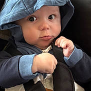 Elio participe au concours pour gagner de l'argent avec cette photo : baby, blue_hoodie, car_seat, child, clothing, cute, face, hands, infant, looking, person, seatbelt, straps, wearing, young_child, indoors, expression, hood, sitting, closeup