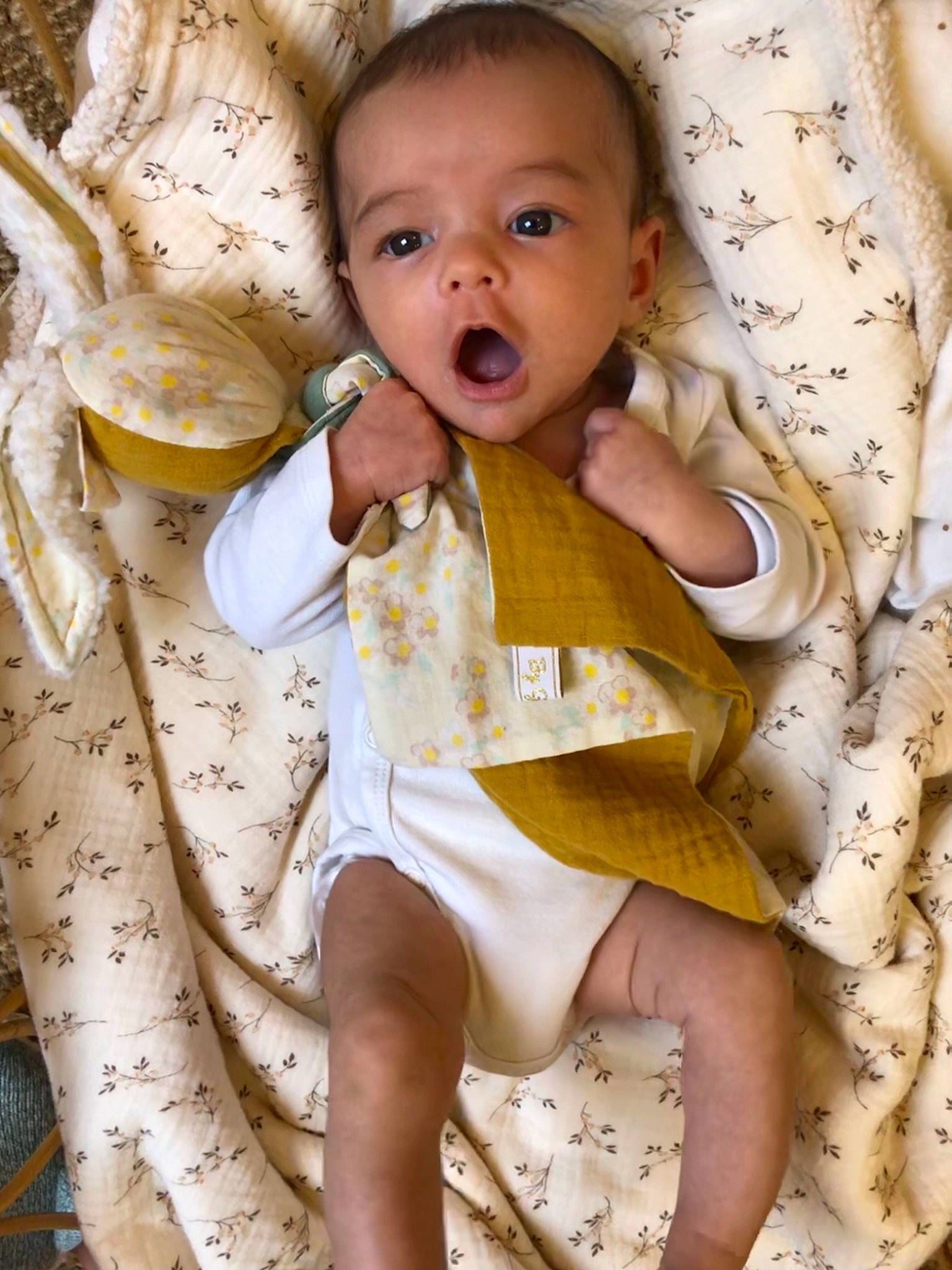 Nicole participe au concours pour gagner de l'argent avec cette photo : baby, baby_toddler_clothing, cheek, child, clothing, comfort, eye, happy, iris, linens, neck, pattern, person, sitting, skin, sleeve, surprise, t_shirt, tableware, textile