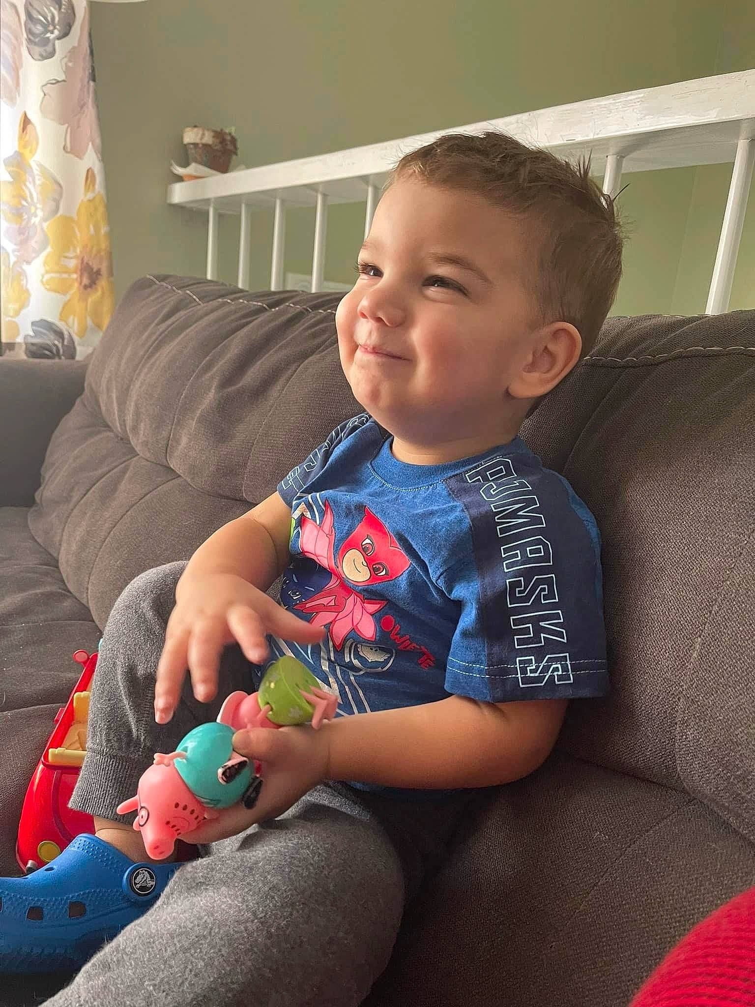 Carter joined the competition — help win amazing prizes! arm, baby, baby_toddler_clothing, cheek, comfort, curtain, facial_expression, finger, fun, hairstyle, human_body, joy, knee, lap, leg, person, skin, sleeve, smile, standing