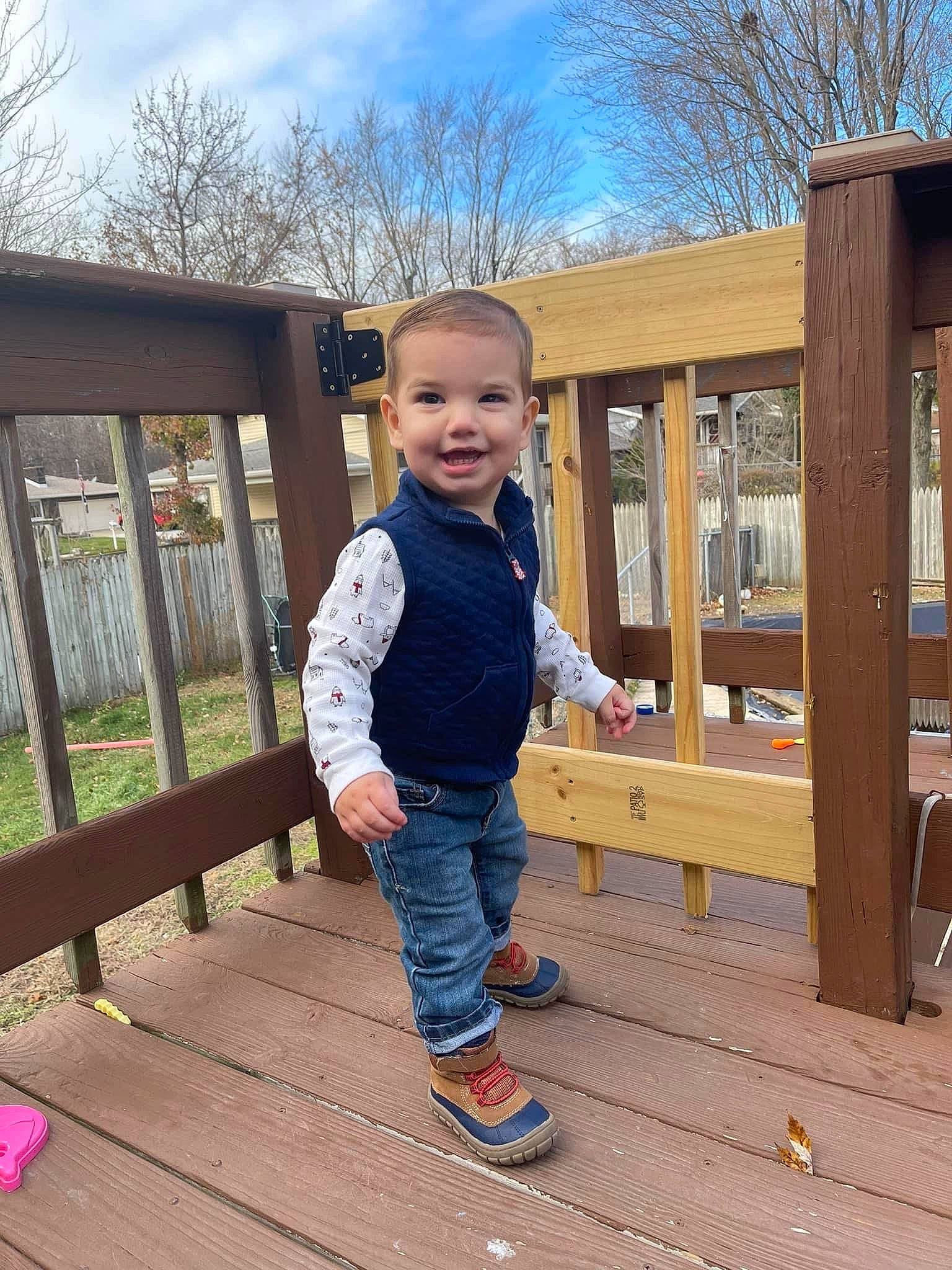 Carter joined the competition — help win amazing prizes! baby_toddler_clothing, cloud, deck, denim, fun, grass, happy, hardwood, joy, leisure, pattern, people_in_nature, person, plant, recreation, sky, sleeve, smile, toddler, tree