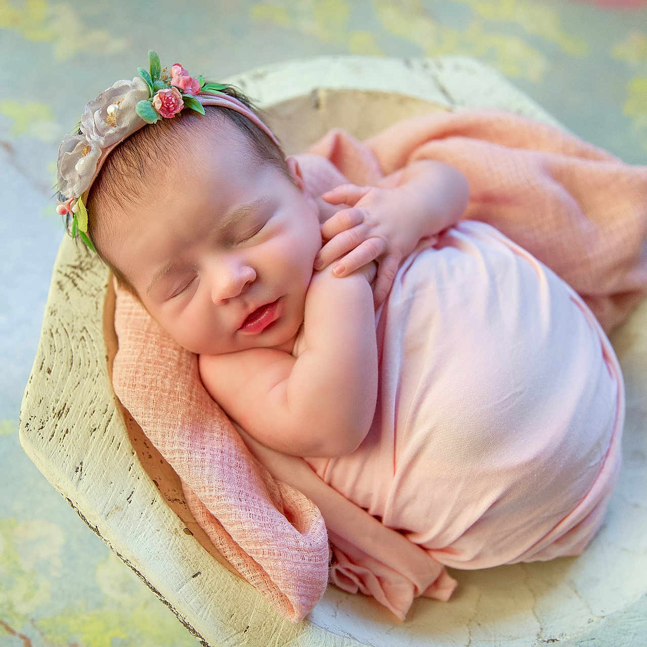 Olive joined the competition — help win amazing prizes! adorable, baby, closeup, cozy, cute, flower, headband, indoors, infant, newborn, pastel_background, peaceful, pink_cloth, portrait, resting, sleeping, soft_texture, tiny_hands, wooden_bowl, wrapped
