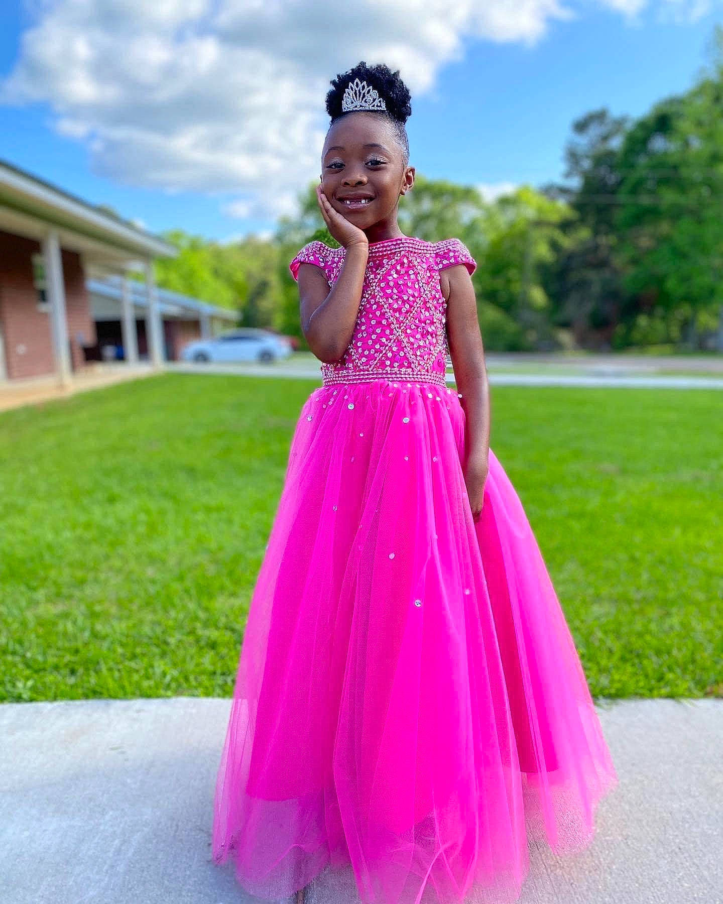 Kylin joined the competition — help win amazing prizes! bridal_party_dress, cloud, day_dress, dress, fashion_design, formal_wear, gown, grass, happy, joy, leisure, magenta, one_piece_garment, person, pink, shoulder, sky, sleeve, smile, toddler
