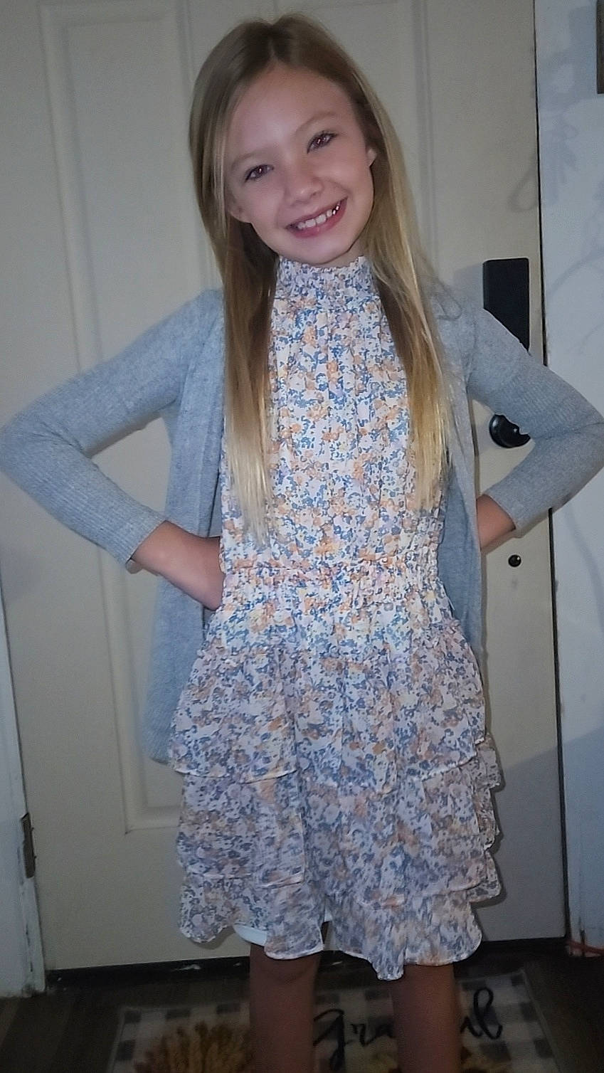 Averee Renee Garland is registered to the contest to win money with this photo: blazer, day_dress, denim, dress, electric_blue, fashion, fashion_design, formal_wear, hair, joy, knee, long_hair, neck, one_piece_garment, outerwear, person, shoulder, sleeve, smile, textile