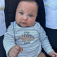 Dylan is registered to the contest to win money with this photo: baby, child, infant, blue_eyes, striped_clothing, dinosaur_embroidery, onesie, car_seat, safety_warning, cute, chubby_cheeks, hand, portrait, indoors, seated, young_child, close_up, face, human, expression