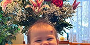 Rose is registered to the contest to win money with this photo: child, toddler, baby, smile, bouquet, flowers, lilies, roses, babys_breath, wooden_table, chair, salt_and_pepper_shakers, indoor, curtain, potted_plant, portrait, happy, dining_room, floral_arrangement, cute